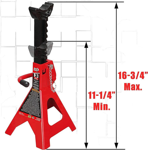 Double Locking 3 Ton Steel Pro Grade Jack Stands For Auto Shop And Garage Use Adjustable Lift From Eleven And A Quarter Inches To Sixteen And Three Quarters Inches Six Thousand Pound Capacity Red Finish Durable Saddle One Pair