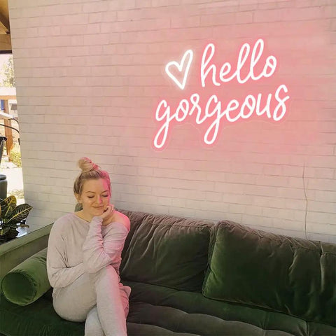Hello Gorgeous Neon Sign LED Neon Light Heart Wall Decor For Girl Bedroom Lit Romantic Party Gift USB Powered Acrylic Light For Birthday Wedding Bar Club Decor Great Gift For Her Room Makeover Ideas