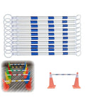 10 Pack Retractable Traffic Cone Barricade Bar Set with Adjustable Range from 4.1 Feet to 6.56 Feet in blue and white shown with cones
