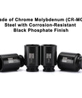 Four sockets from 7-Piece 1/2 Inch Drive Deep Impact Socket Set SAE Range 1-3/8 Inch Through 1-3/4 Inch, made of chrome moly steel.
