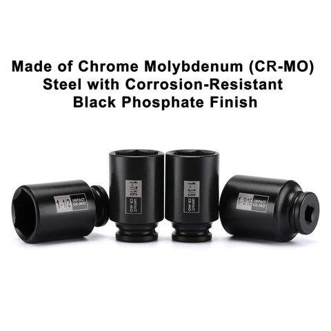 Four sockets from 7-Piece 1/2 Inch Drive Deep Impact Socket Set SAE Range 1-3/8 Inch Through 1-3/4 Inch, made of chrome moly steel.