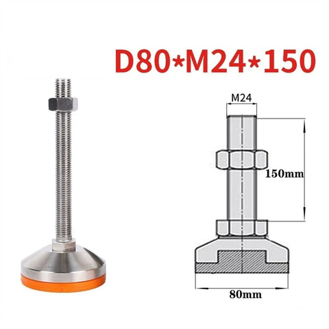 Top Shelf 304 Stainless Steel Adjustable Leveling Feet 4 Pack Heavy Duty Furniture Levelers With Nuts Rock Solid 80 mm Base M24 Thread Screw Legs Built Tough For Uneven Office Shelves And Gear shown from side with dimensions.
