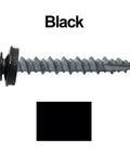 Top Shelf Black Metal Roofing Screws With A Classic Hex Washer Head And Dependable Heavy Duty Rubber Seals For No Sweat Self Drilling Installation On Lasting Roof Panels In A Trustworthy 250 Piece Supply, showcasing a close-up of a black metal screw with hex washer head.