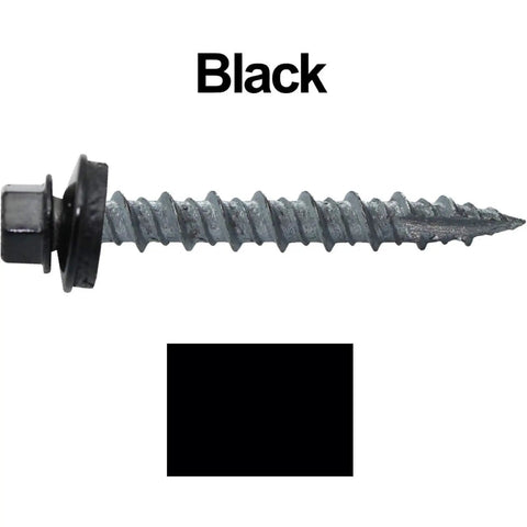 Top Shelf Black Metal Roofing Screws With A Classic Hex Washer Head And Dependable Heavy Duty Rubber Seals For No Sweat Self Drilling Installation On Lasting Roof Panels In A Trustworthy 250 Piece Supply, showcasing a close-up of a black metal screw with hex washer head.