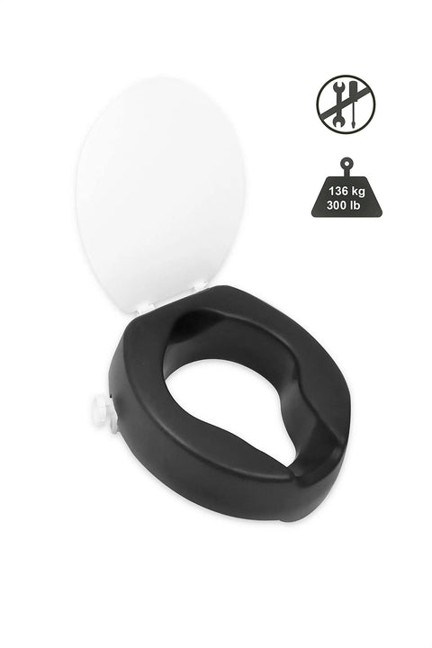 Black 4 Inch Soft Raised Toilet Seat With Lid For Easy Sit Down And Stand Up Handles Included, tool-free clamp-on design