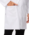 Close-up of the Go-To White Lab Coat for Men Button Front Long Sleeve Doctor Coat with Three Pockets Breathable 65/35 Polyester Cotton Blend
