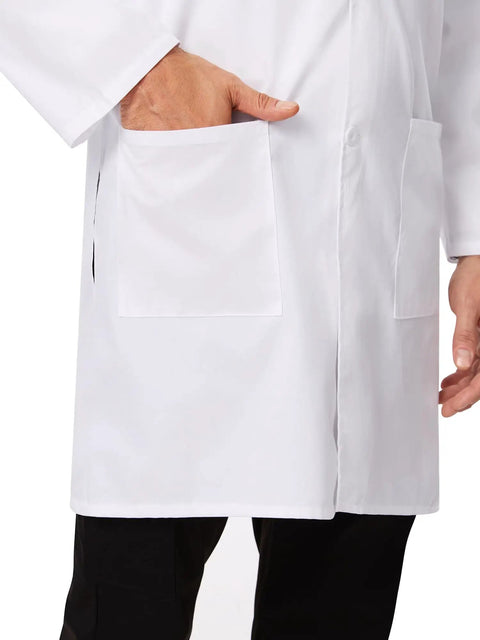 Close-up of the Go-To White Lab Coat for Men Button Front Long Sleeve Doctor Coat with Three Pockets Breathable 65/35 Polyester Cotton Blend