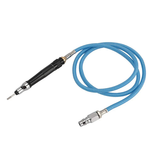 Kickass Pneumatic Pencil Die Grinder Crushing Metal With 70000Rpm Of Pure Air Powered Might, black pencil die grinder with blue air hose.