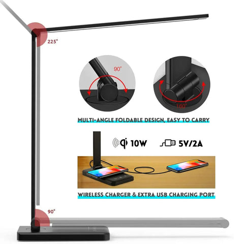 Boss Desk Lamp With Wireless Charging 10W And USB Port Dimmable Eye Caring Light shown folded with wireless and USB charging features.