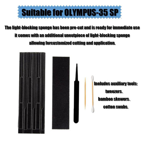 Slick Pre Cut Self Adhesive Light Seal Foam Sponge Repair Kit To Plug Light Leaks On Your Vintage Olympus 35 Sp Film Camera Gear including tools.
