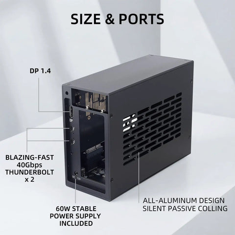 Dual Thunderbolt 4 To PCIe 3.0 X16 Expansion Chassis For Laptop And Desktop With 40gbps Throughput showing ports and aluminum design.