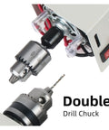 Close-up of double drill chuck on High Precision Mini Wood Lathe Machine For DIY Enthusiasts, featuring sturdy stainless steel components.