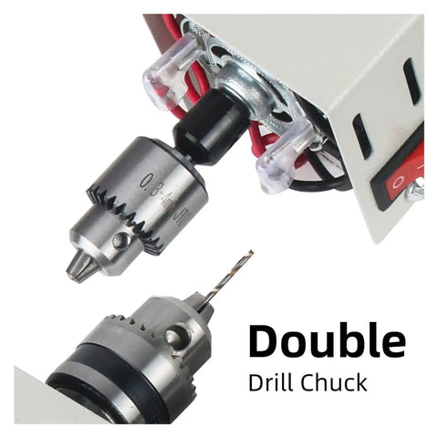 Close-up of double drill chuck on High Precision Mini Wood Lathe Machine For DIY Enthusiasts, featuring sturdy stainless steel components.