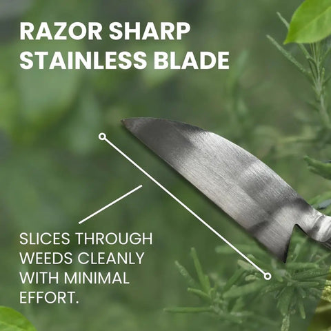 Close-up of Hounen Miyawaki Japanese Weeding Sickle Twisted Stainless Kama Weeder slicing through greenery, showcasing blade edge.