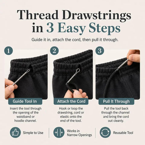 4 Piece Flexible Drawstring Threader Tools Set In Stainless Steel For Quick Cord Repair Re Thread Hoodies And Sweatpants Waistbands Shoes Laces And Elastic Bands Keeps Loose Strings Tidy And Easy To Reuse, step guide