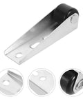 Top Shelf Heavy Duty Sliding Door Track Rollers With Silky Smooth Swivel Caster Wheels For Closet Cabinet Wardrobe Furniture Silent Zero Hassle Black Composite Four Piece Set close-up of silver roller mechanism with black wheel.