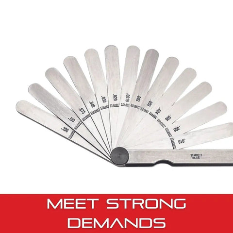 Tempered Steel Thickness Gauge With 13 Straight Leaves For Carpenters And DIY Home Improvement, 1/2 X 4 1/2 Inch Blade, Measures From .0015 Inch To .200 Inch Thickness, Accurate Readings And Easy To Use, shown fanned out to display individual leaves with different markings.