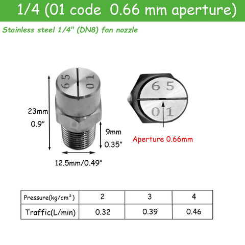 4 Pack 65 Degree One Quarter Inch NPT Stainless Steel Flat Fan Spray Nozzles For Rugged Industrial Use, 304 Stainless Steel, Clog Proof Internal Channel, Rust Resistant And High Temp Durable Performance, 1/4 DN8 nozzle 0.66mm aperture