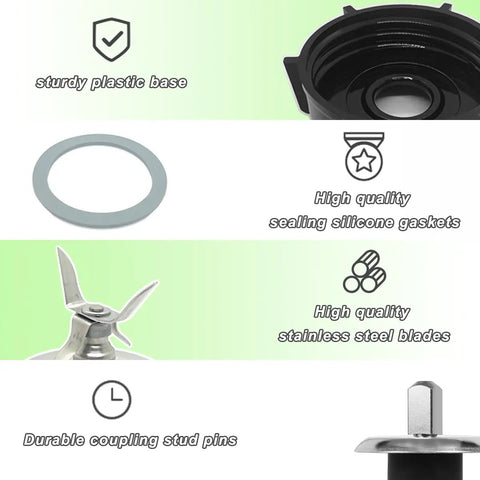 Replacement Beefed Up Ice Crusher Blade Kit with jar base cap, sealing gaskets, stainless steel blades, coupling stud pins