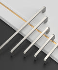 10 Pack Brushed Satin Nickel Cabinet Pulls 5 Inch 128mm Modern Kitchen Cabinet Hardware Handles displayed in sizes on black and white surface