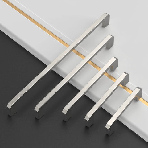 10 Pack Brushed Satin Nickel Cabinet Pulls 5 Inch 128mm Modern Kitchen Cabinet Hardware Handles displayed in sizes on black and white surface