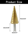 Premium Step Drill Bit Set One Eighth Inch Through One Inch HSS Titanium Coated Cone Bits For Metal Aluminum Copper Plastic With Tri Flat Shank Heavy Duty Drill Guide For Sheet Metal By LDEXIN, shown with size measurements