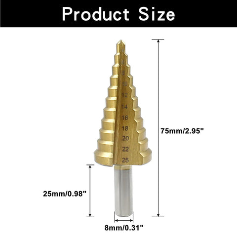 Premium Step Drill Bit Set One Eighth Inch Through One Inch HSS Titanium Coated Cone Bits For Metal Aluminum Copper Plastic With Tri Flat Shank Heavy Duty Drill Guide For Sheet Metal By LDEXIN, shown with size measurements