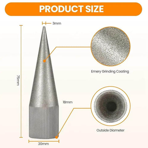 Diagram of Leather Round Hole Punch and Edge Sharpener Tool 3-16mm Emery Coated Polisher Grinder, showing sizes and emery coating.