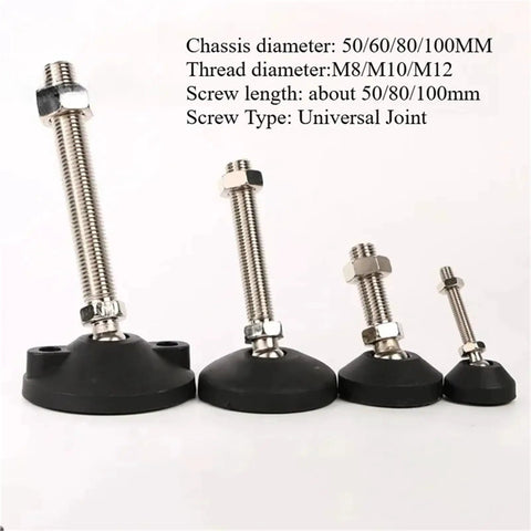 Nylon Universal Joint With Adjustable Furniture Leveling Feet showing various sizes and thread types for stabilizing cabinets.