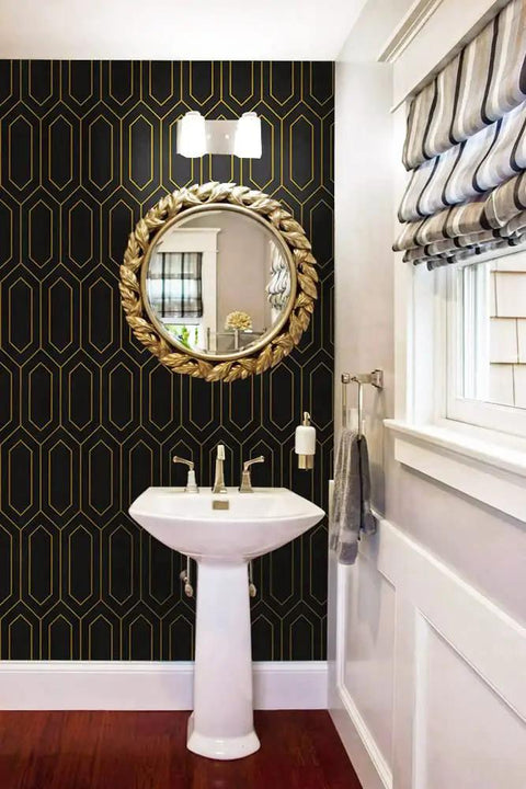 Geometric Gold And Black Peel And Stick Wallpaper Self Adhesive Removable Wall Covering for accent walls behind bathroom sink