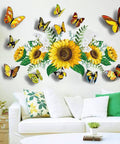 Sunflower Wall Stickers With 3D Butterflies Set above a couch in a living room, showing yellow flowers and colorful butterflies.