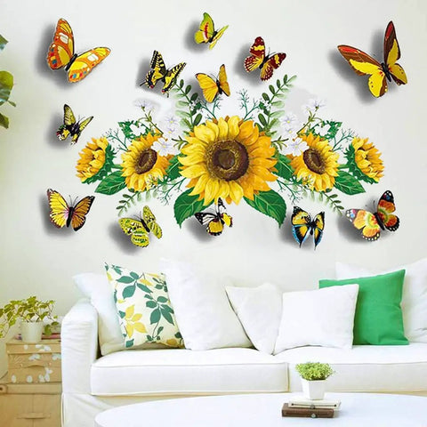 Sunflower Wall Stickers With 3D Butterflies Set above a couch in a living room, showing yellow flowers and colorful butterflies.