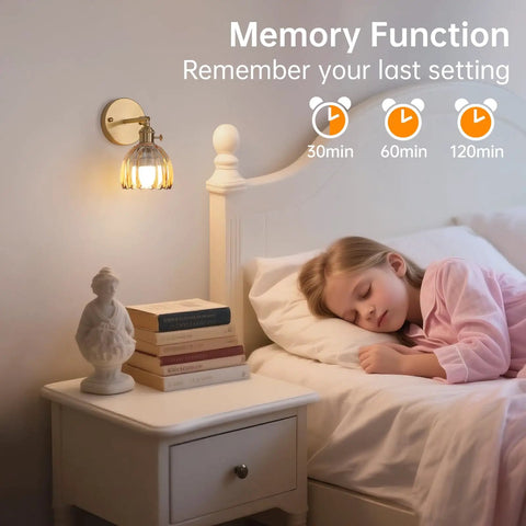 Vintage Rechargeable Wall Sconce Set With Amber Tulip Glass Shade And Wireless Remote For Zero Wiring Bedroom Decor, softly illuminates bedside while child sleeps.
