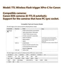 XProC Canon TTL Wireless Flash Trigger compatibility chart with supported cameras and flashes including E-TTL II autoflash.