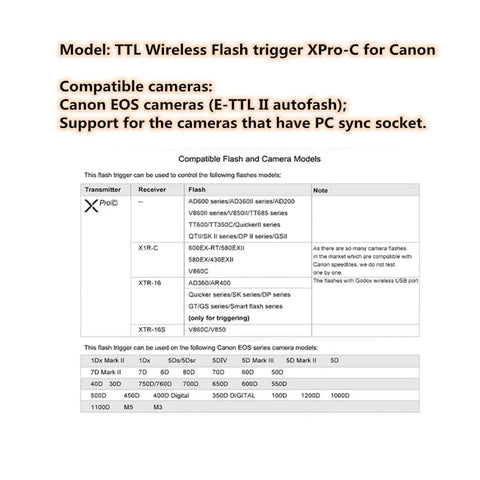 XProC Canon TTL Wireless Flash Trigger compatibility chart with supported cameras and flashes including E-TTL II autoflash.