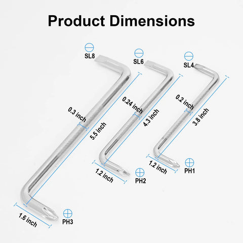 3-Piece Offset Screwdriver Set With Right-Angle Design Phillips And Flat Head Bits 90-Degree Tool dimensions diagram