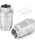 Two 1-inch stainless steel female-threaded vertical check valves for backflow prevention.