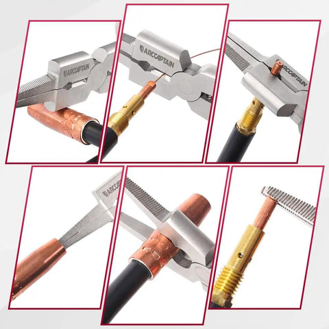 Pro 8 Inch MIG Welding Pliers With Long Nose, Rust-Resistant, Anti-Slip Grip, shown holding a welding tip, close-up view