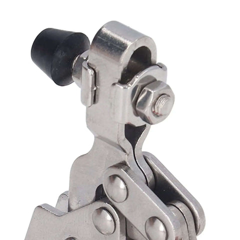 Close-up of Quick Release Vertical Toggle Clamp 150 Lb Holding Capacity for woodworking, featuring durable 304 stainless steel.