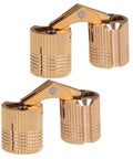 Copper hidden cabinet hinges with knurled cylindrical sleeves and folding arm; set of 4.