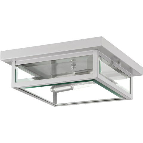 Westover Outdoor Exterior Flush Mount Ceiling Light With Clear Beveled Glass, stainless steel, modern industrial design.