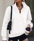 Women Half Zip Oversized Sweatshirt Fleece Hoodie With Plush Lining Cozy Long Sleeve Pullover Top For Fall Travel Y2K Vibe Trendy 2026 Wardrobe Essential White Size M shown on person with black shoulder bag and coffee cup