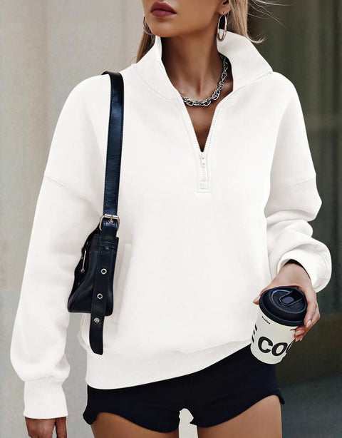 Women Half Zip Oversized Sweatshirt Fleece Hoodie With Plush Lining Cozy Long Sleeve Pullover Top For Fall Travel Y2K Vibe Trendy 2026 Wardrobe Essential White Size M shown on person with black shoulder bag and coffee cup