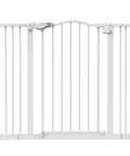 Adjustable Baby Gate For Pets 29 To 39.6 Inches Wide, 30 Inch Tall, Auto Close On Both Sides, One Hand Opening, Dual Lock Safety, Wall Mount No Drill, Fits Stairs Hallways Doors, White. Front view of white gate with hinges and latch visible.