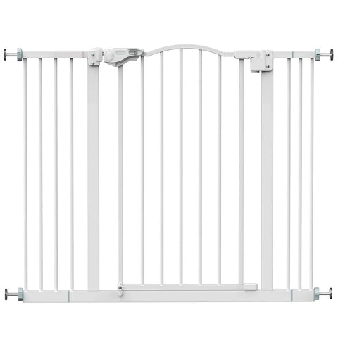 Adjustable Baby Gate For Pets 29 To 39.6 Inches Wide, 30 Inch Tall, Auto Close On Both Sides, One Hand Opening, Dual Lock Safety, Wall Mount No Drill, Fits Stairs Hallways Doors, White. Front view of white gate with hinges and latch visible.