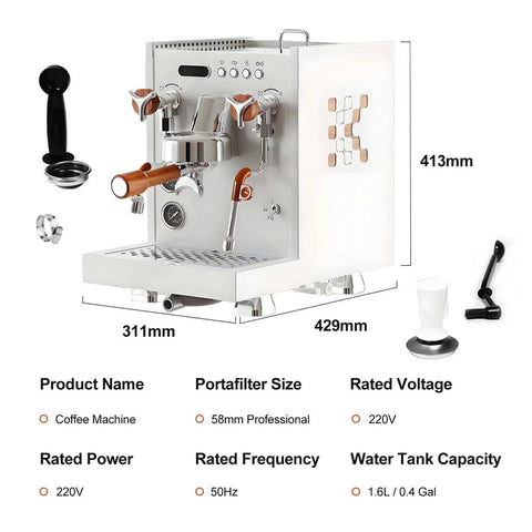 All In One Hot And Cold Milk Frother Steamer With 2850W Power 15 Bar Pressure And 58mm Group Head displayed with portafilter and steamer.