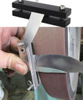 Rugged Hardened File Guide Knife Making Tool for DIY Knife Makers in use with belt sander, aligning knife blade scales