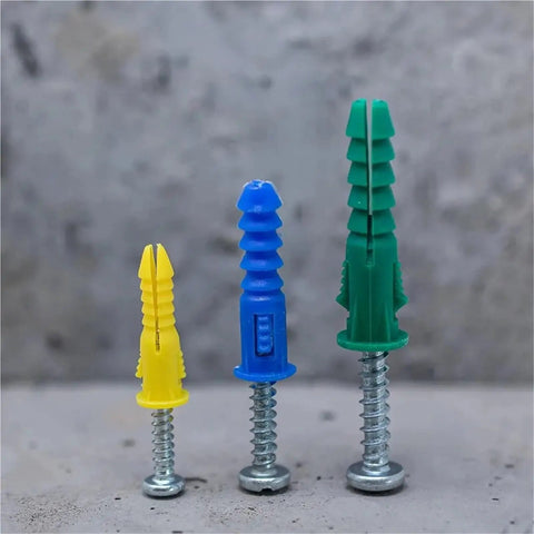 Self-Drilling Ribbed Drywall Anchors With Screws Kit 66Pcs For Quick, Strong Mounts No Pre Drill Needed With Yellow Zinc-Plated Steel Construction For Home Projects And DIY Fixes, shown in yellow blue and green