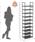 Tall Ten Tier Shoe Rack Holds Twenty Five Pairs Narrow Boot Organizer With Hook Hangers Sturdy Entryway Storage Shelf with dimensions and silhouette.