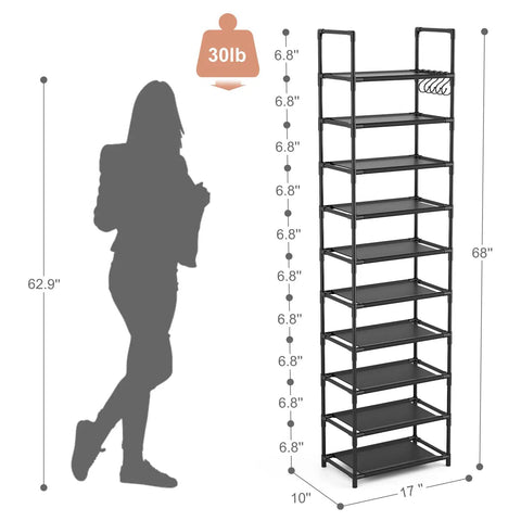 Tall Ten Tier Shoe Rack Holds Twenty Five Pairs Narrow Boot Organizer With Hook Hangers Sturdy Entryway Storage Shelf with dimensions and silhouette.